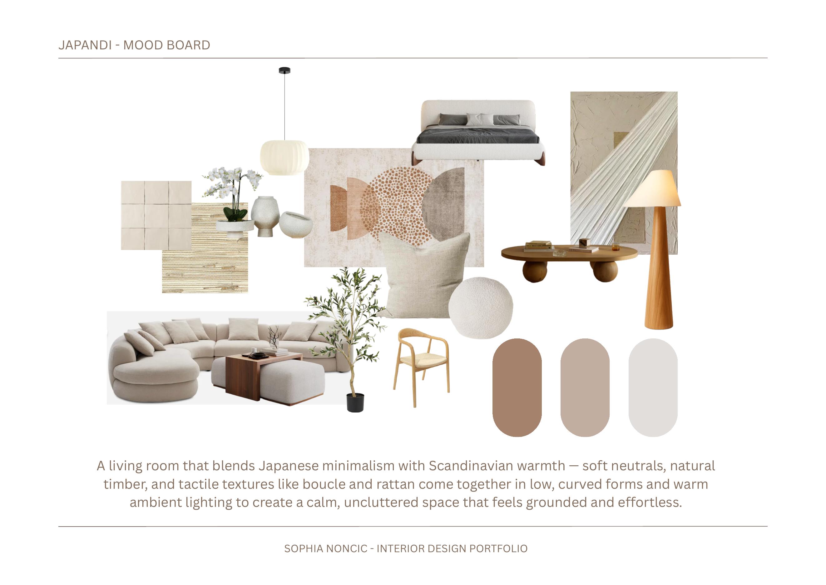 Japandi mood board with natural timber, stone and linen textures