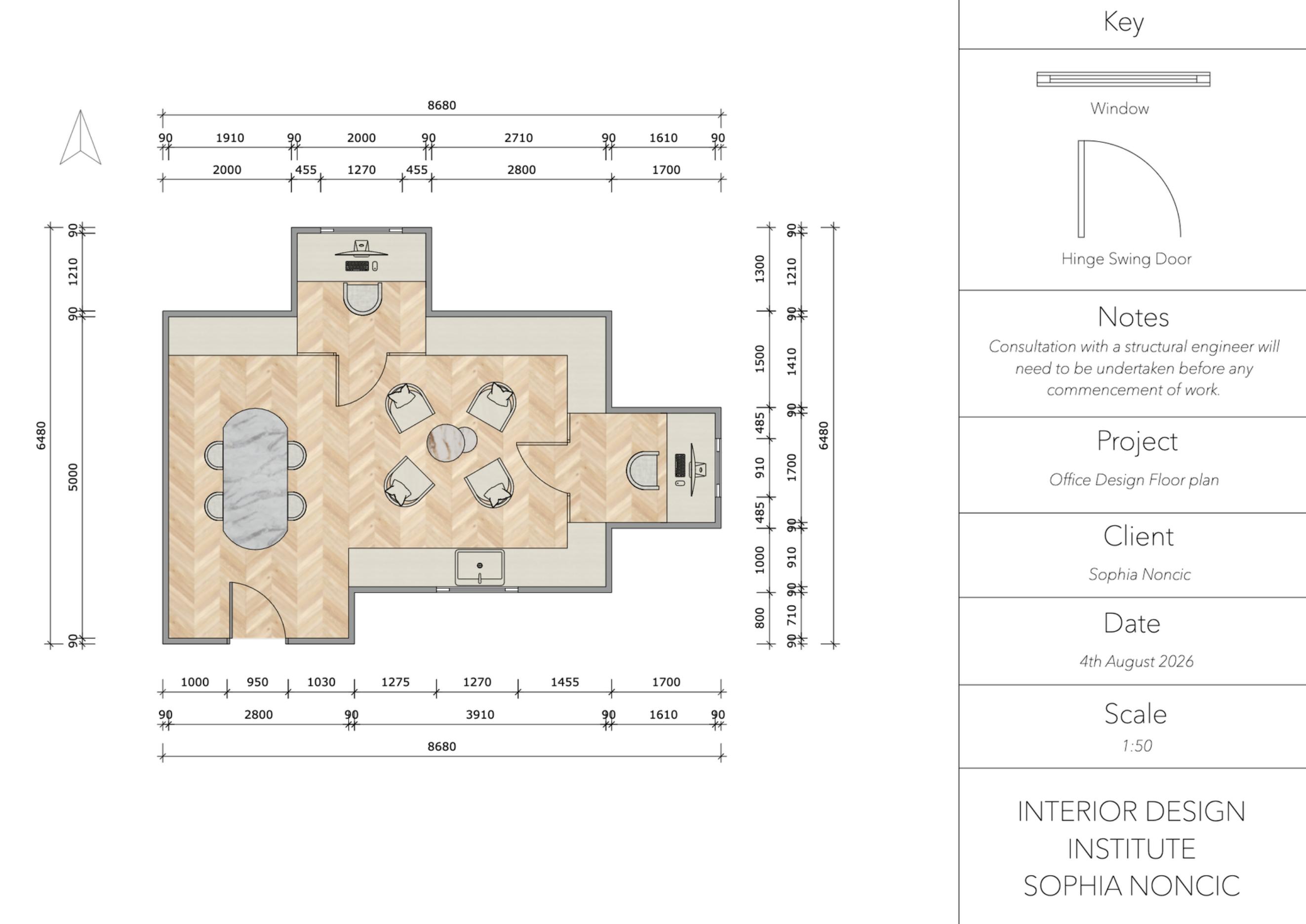 Office floor plan documented at 1:50 with dimensions and lighting legend