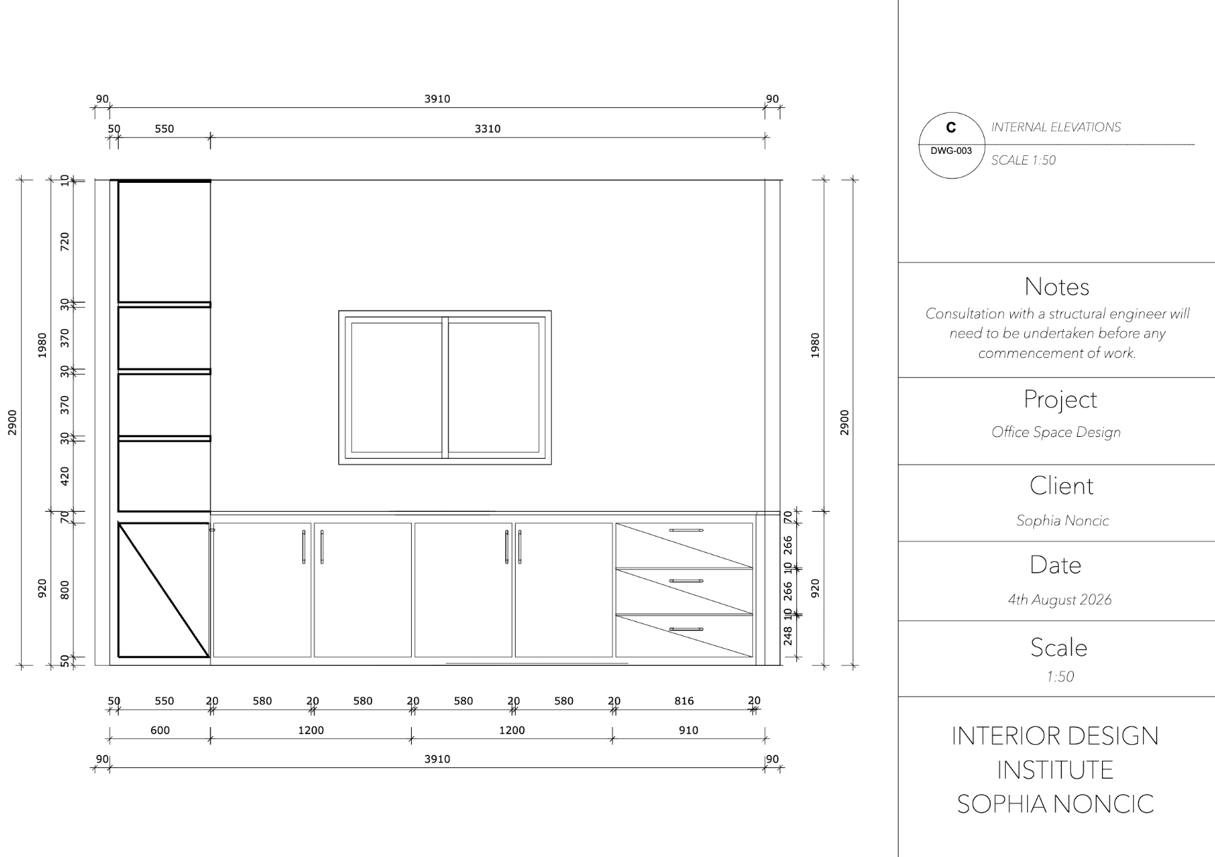 Internal elevation C of office kitchenette joinery at 1:50 with base cupboards, drawers and window