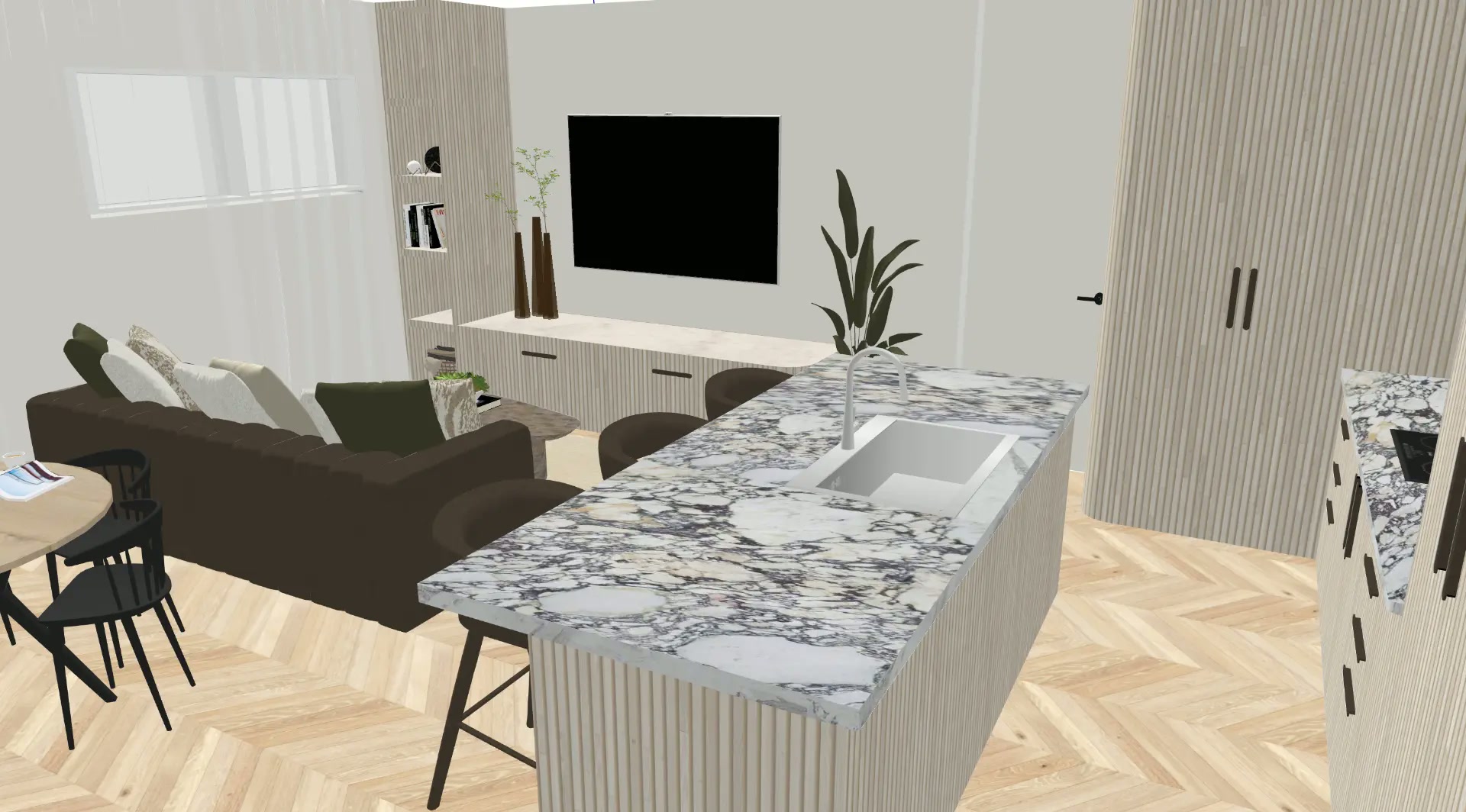 Render of an open plan apartment showing a round timber dining table with spindle back chairs beside the living zone