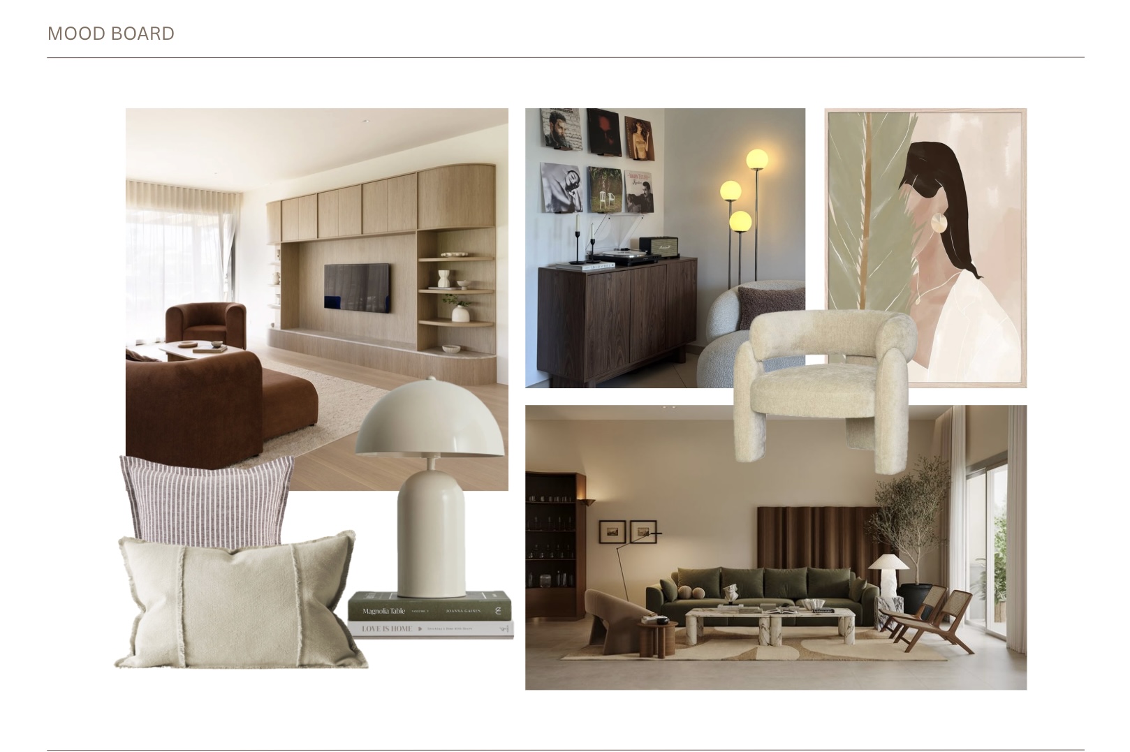 Mood board of a neutral living room with cocoa velvet sofa, boucle armchair, linen cushions and olive greenery