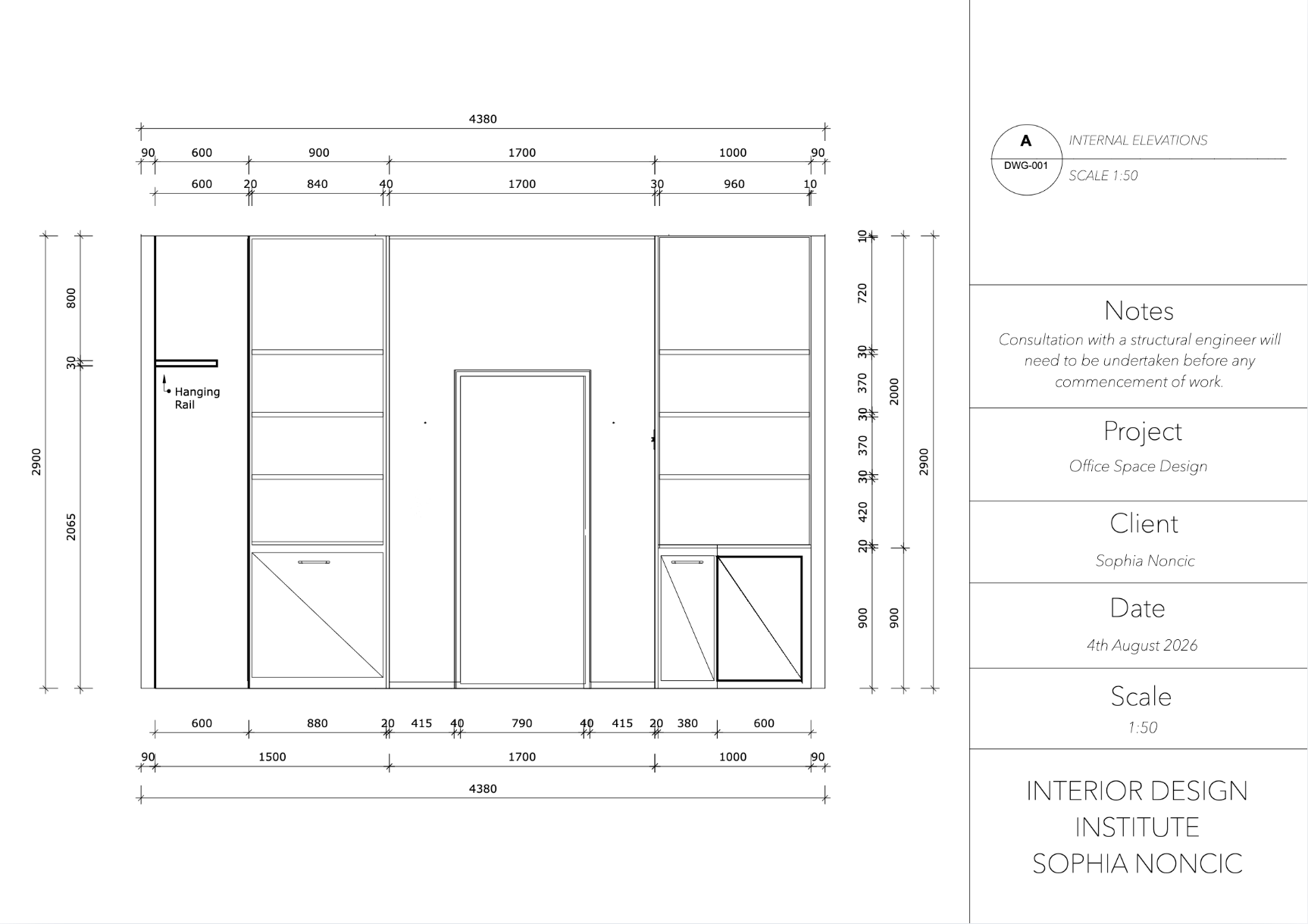 Internal elevation A of office joinery at 1:50 with hanging rail, open shelving and door opening dimensioned