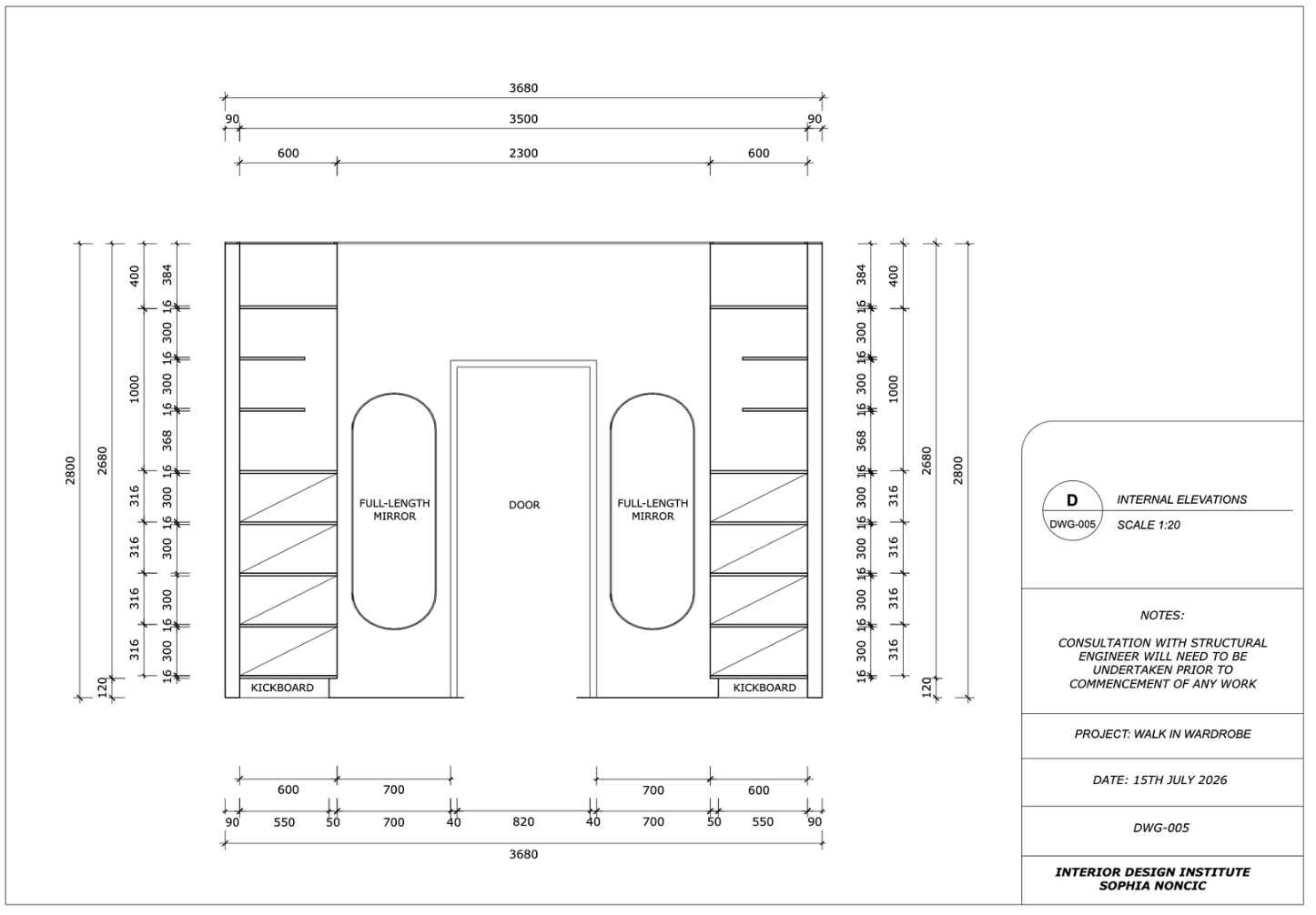 Internal elevation D of a walk in wardrobe at 1:20 with shelving, drawers, kickboards and full length arched mirrors