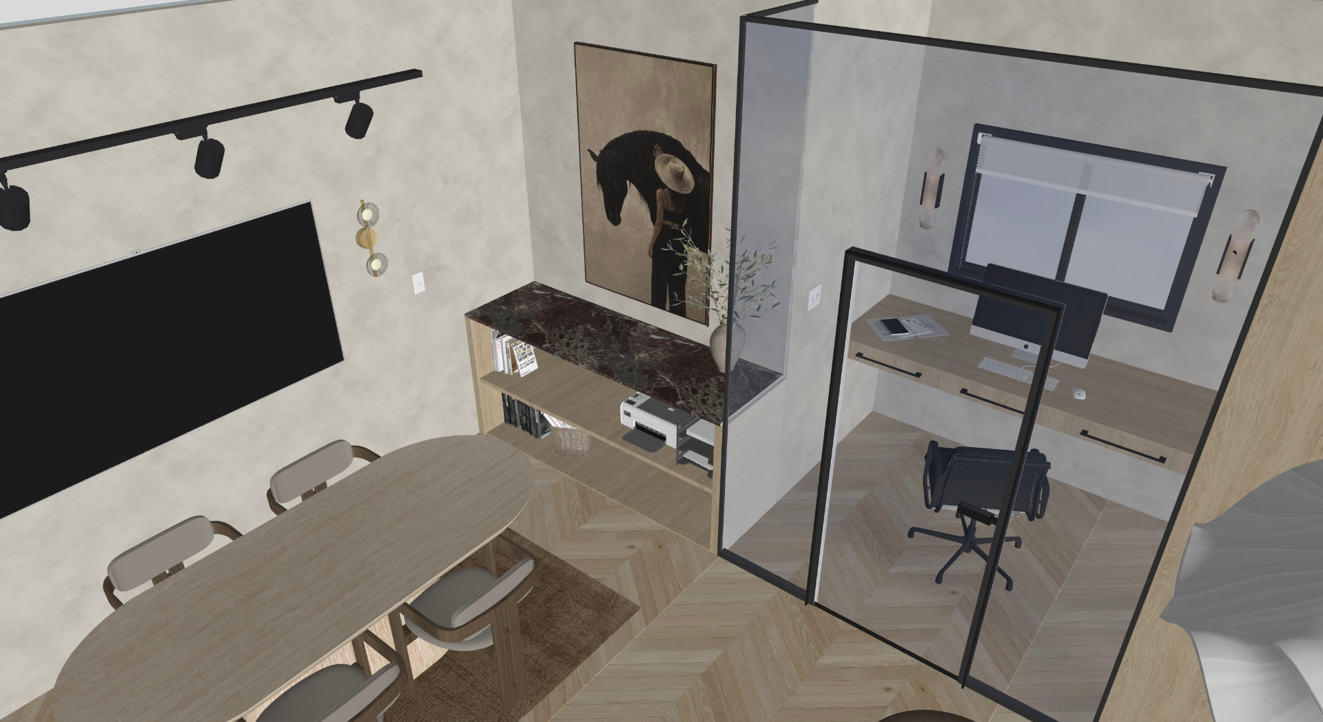 Render of an office boardroom with oval timber table, track lighting, artwork and a glazed private office