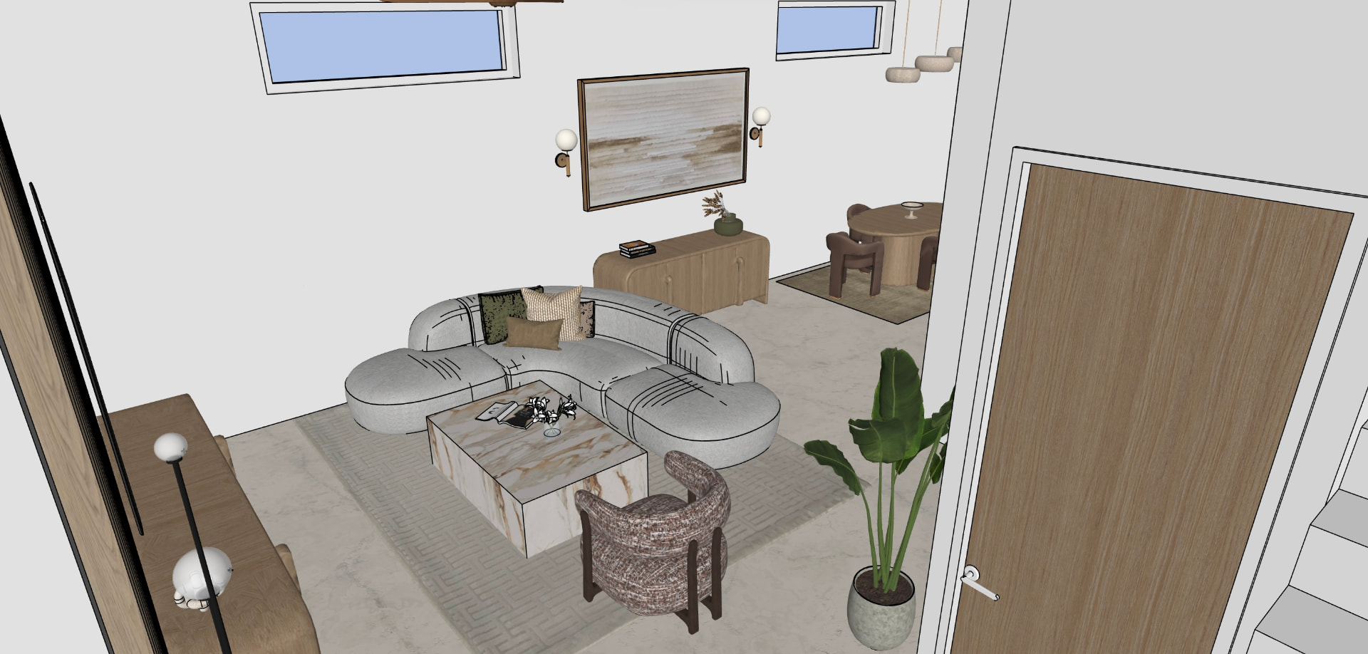 SketchUp plan view model of an open living and dining area with curved modular sofa and onyx coffee table