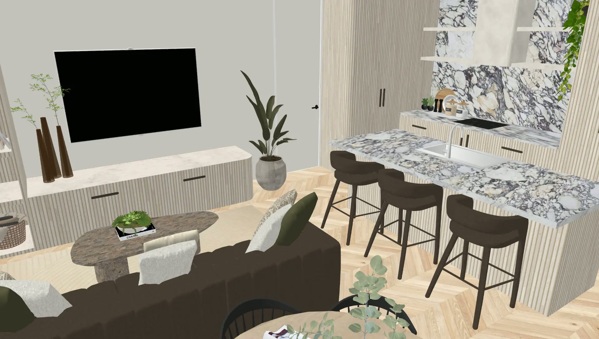 Render of an open plan apartment living zone with a dark tufted sofa, stone coffee table and slatted timber media console