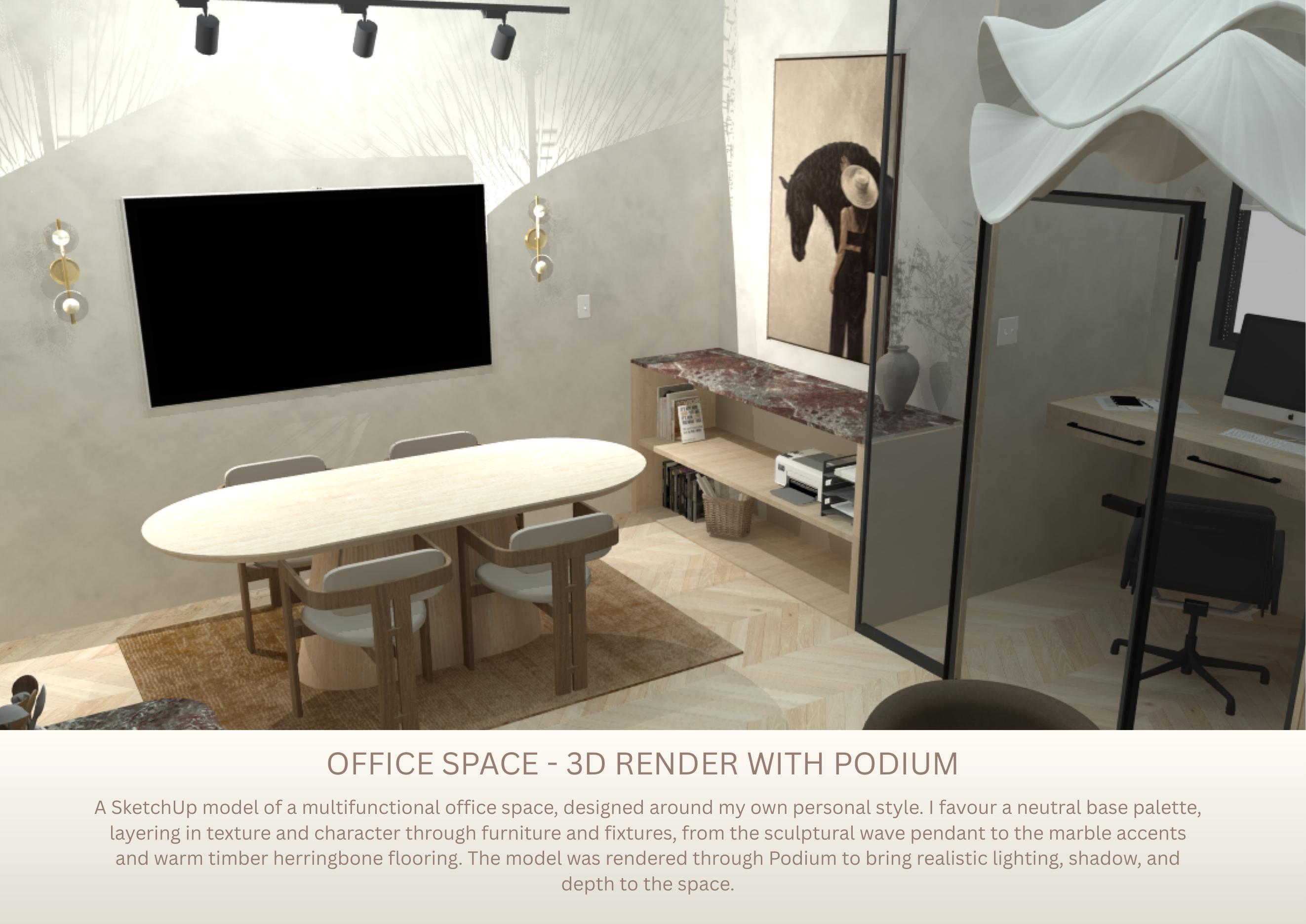 Three dimensional render of an office space with sculptural wave pendant and marble accents