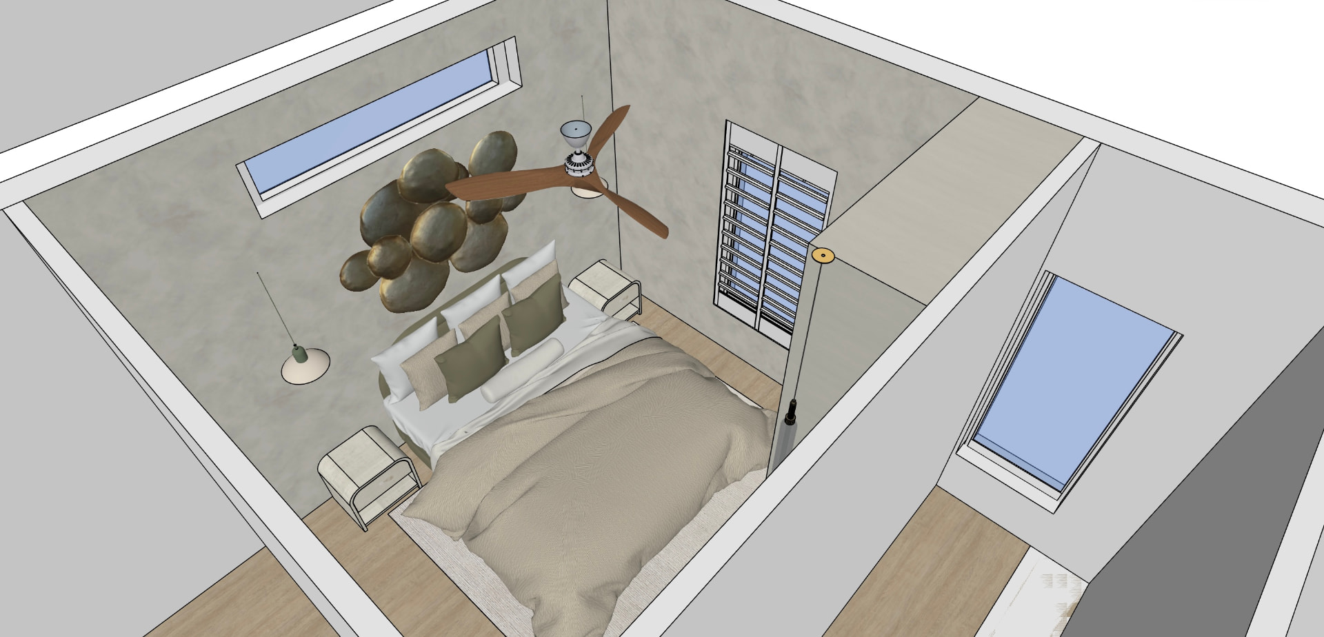 SketchUp plan view model of a master bedroom with sculptural pendant, louvre door and olive linen bedding