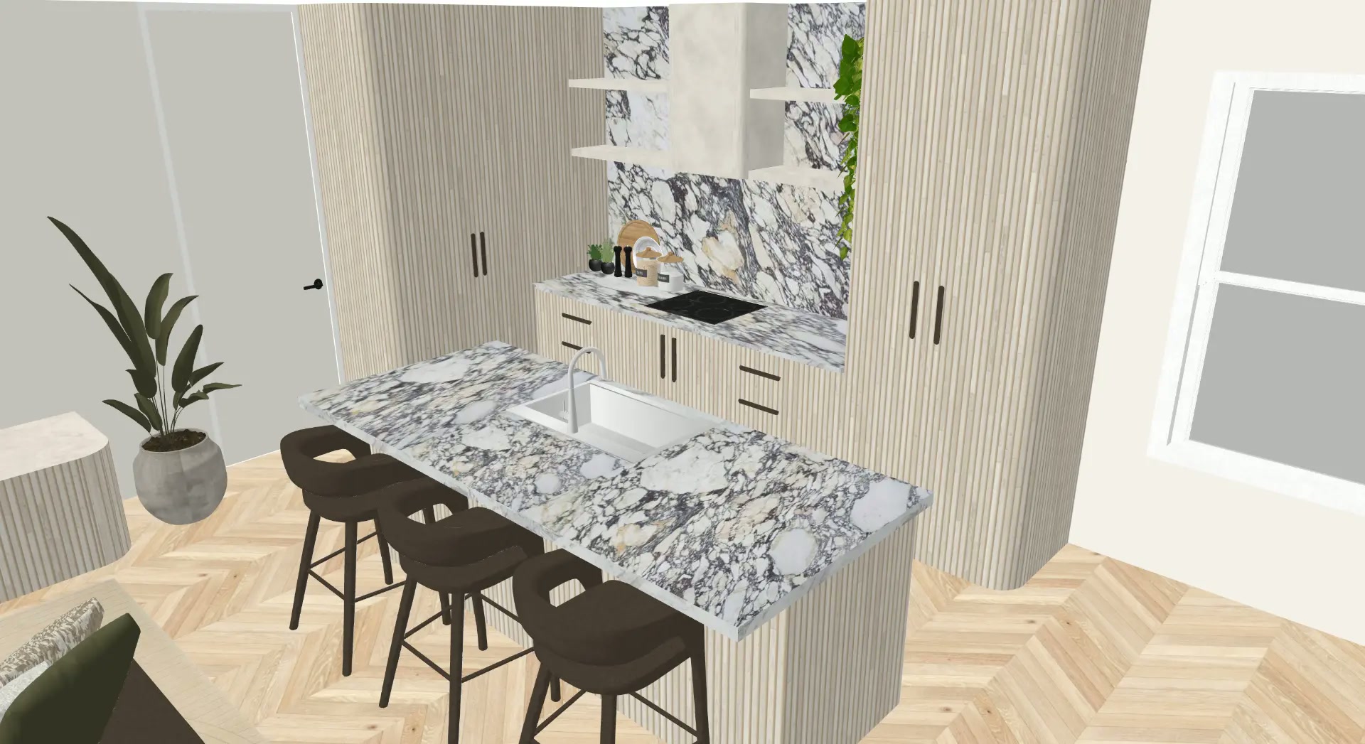 Apartment kitchen island render in warm neutrals with stone benchtop
