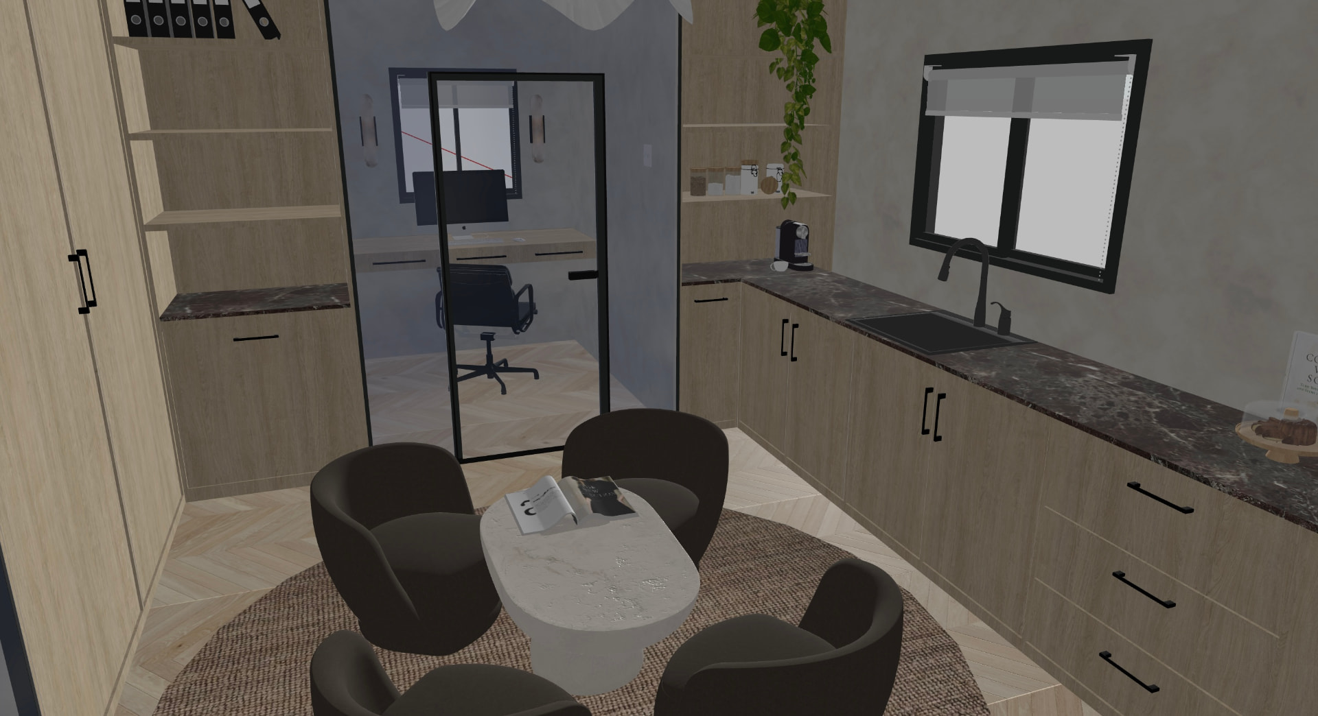 Render of an office kitchenette with timber joinery, dark marble benchtop and a boucle lounge setting