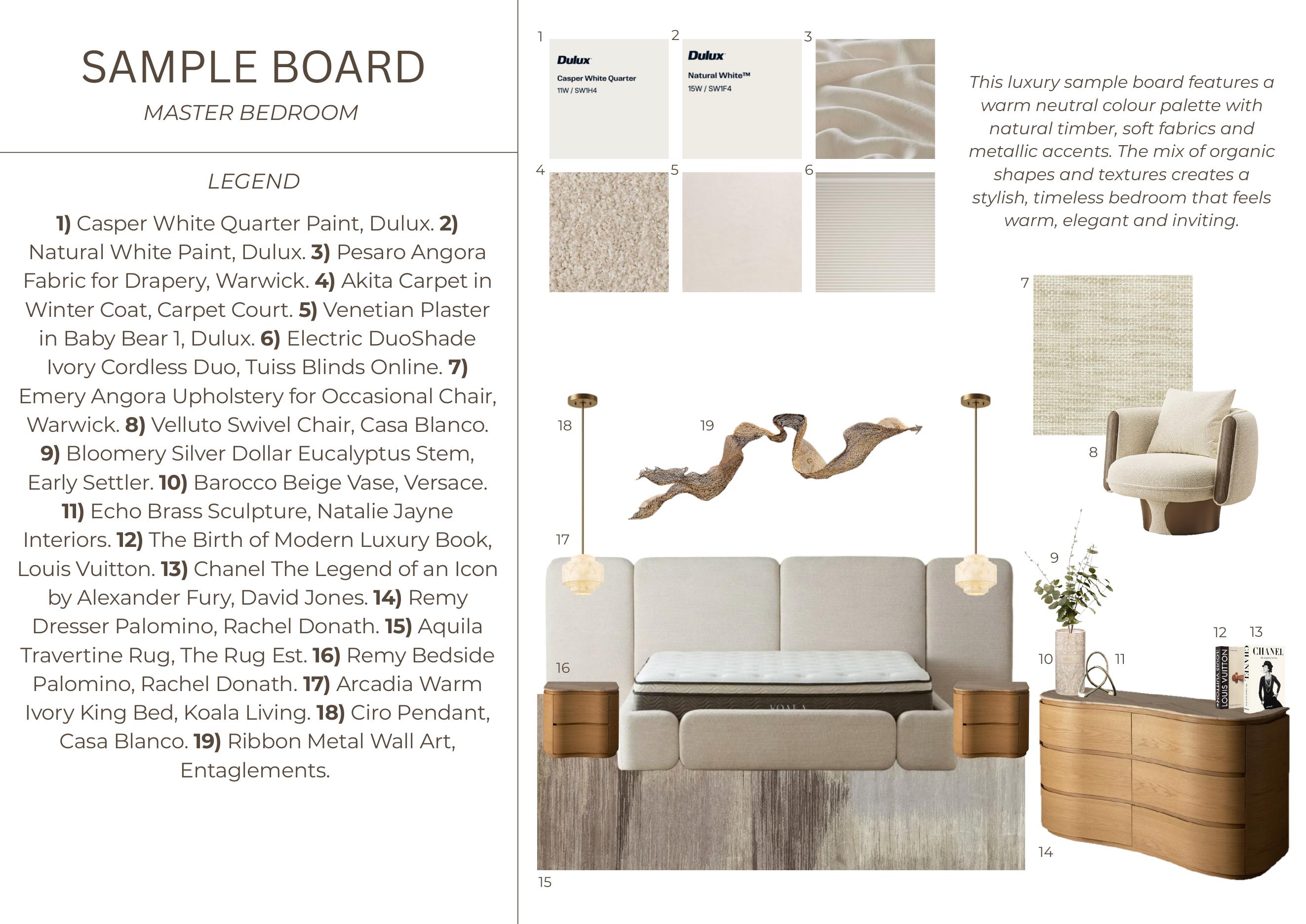 Luxury master bedroom sample board with warm neutral finishes, soft fabrics and metallic accents
