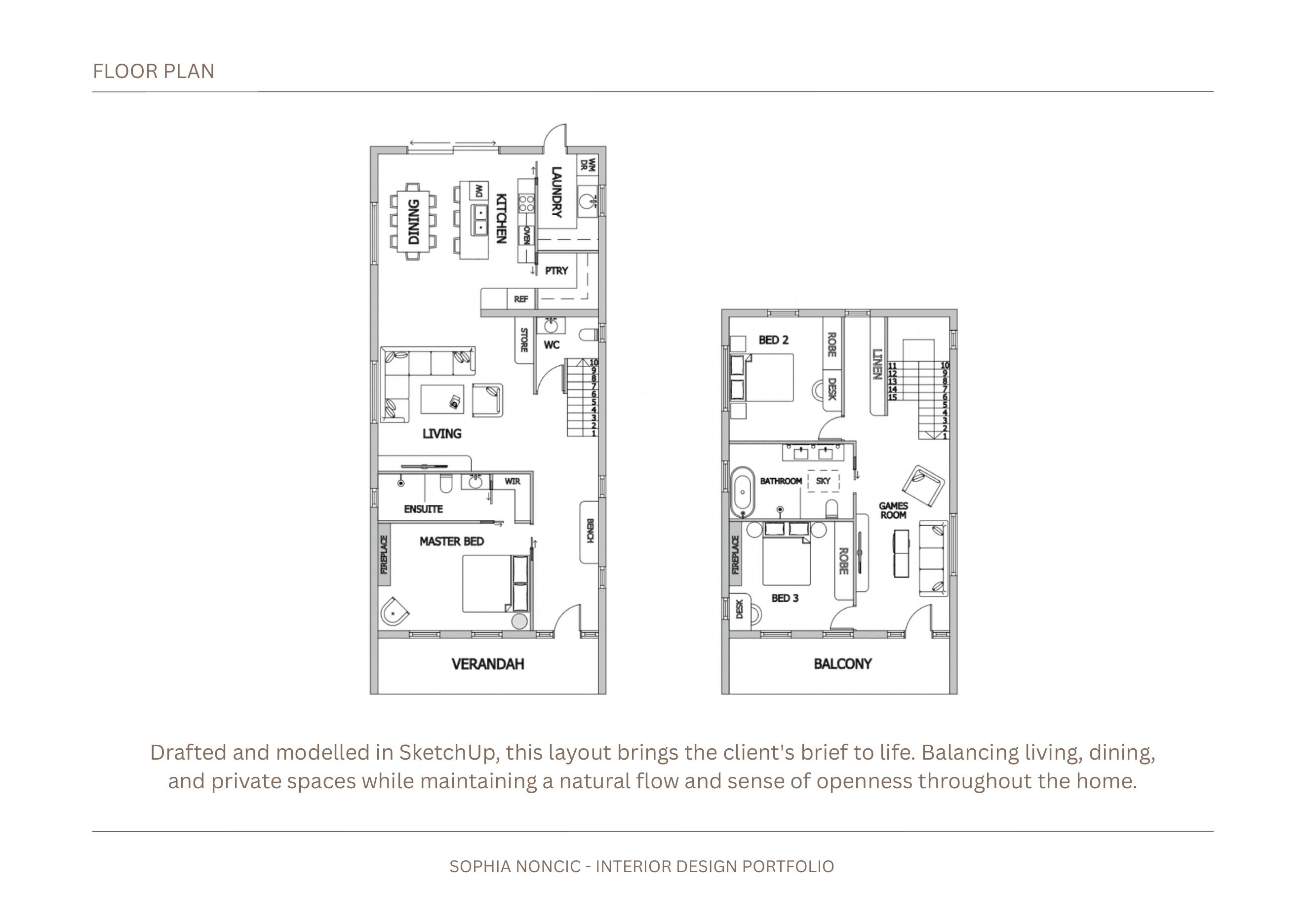 Dimensioned two storey residential floor plan drafted in SketchUp
