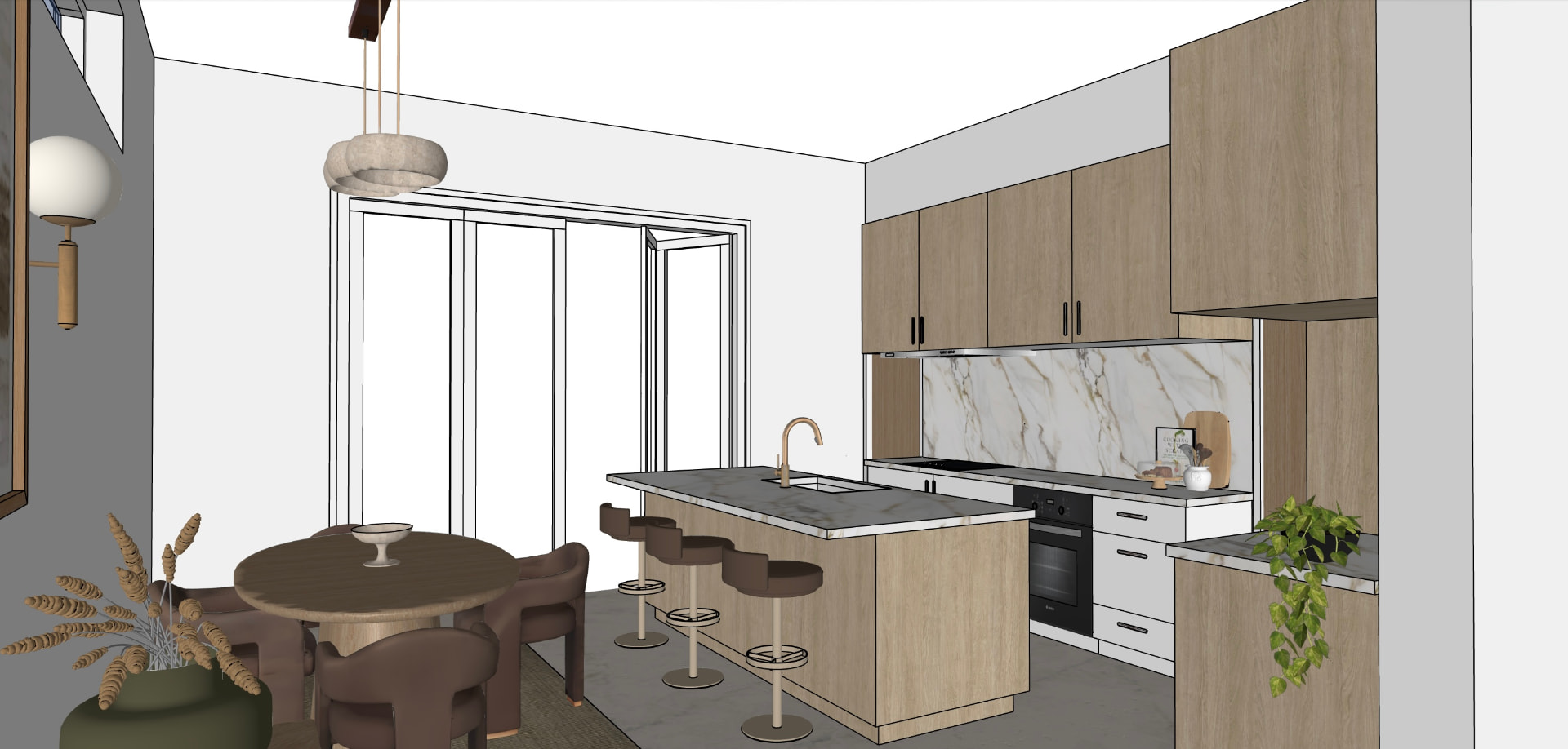 SketchUp render of an open plan kitchen with timber cabinetry, marble splashback, island and bifold doors