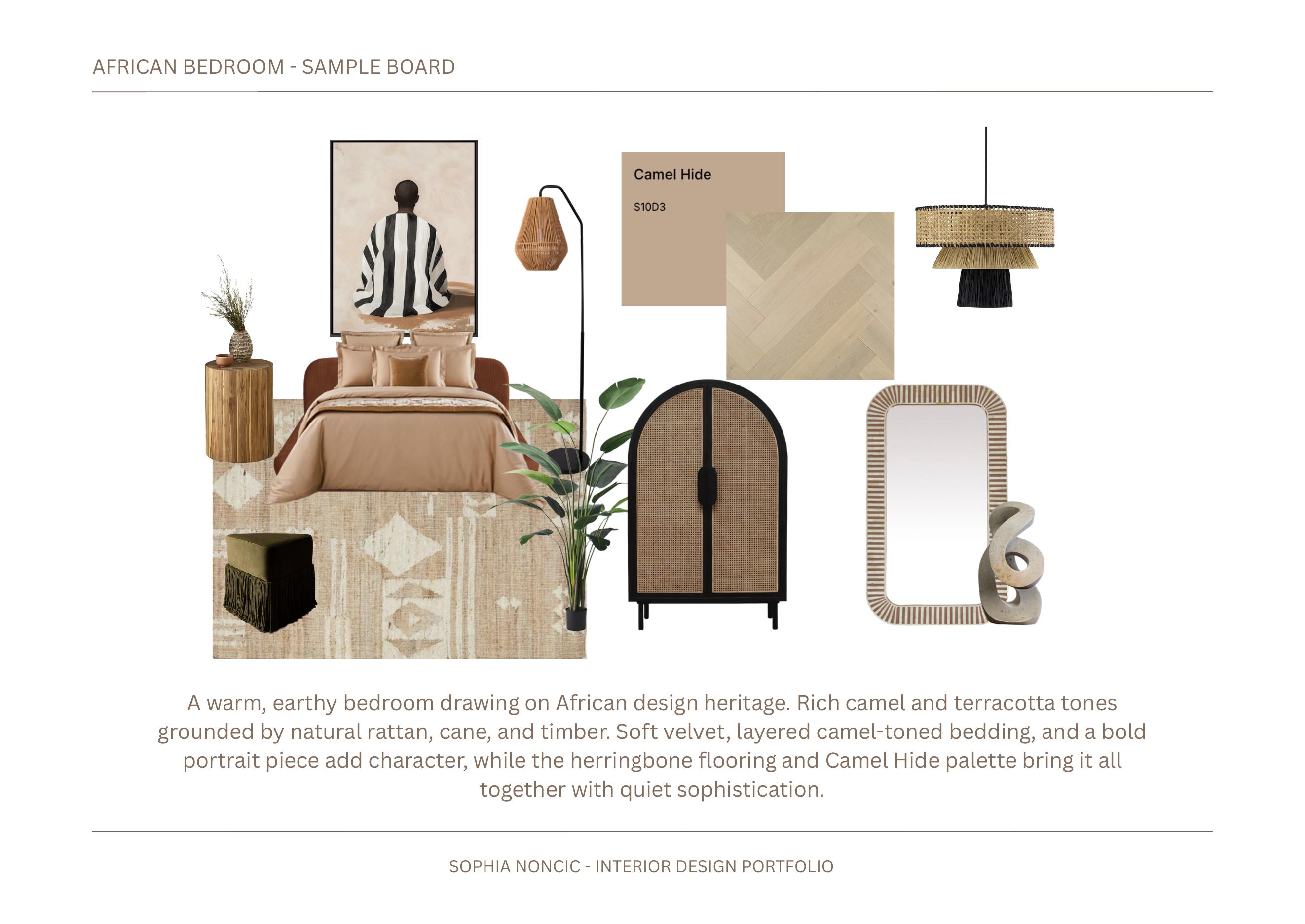 Sample board for an earthy bedroom with camel hide palette, rattan, cane and herringbone timber flooring