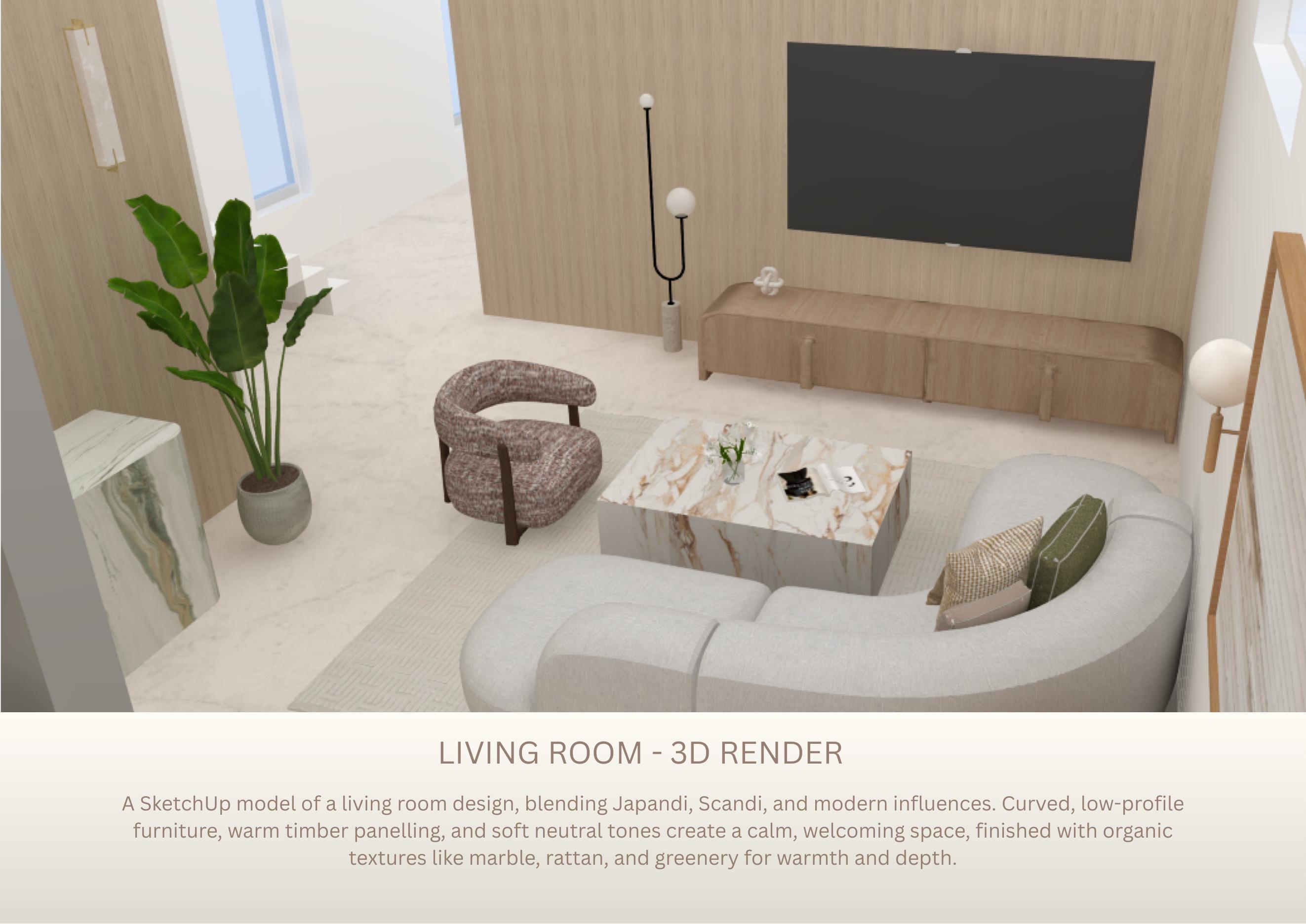 Three dimensional render of a living room with curved low profile furniture and warm timber panelling