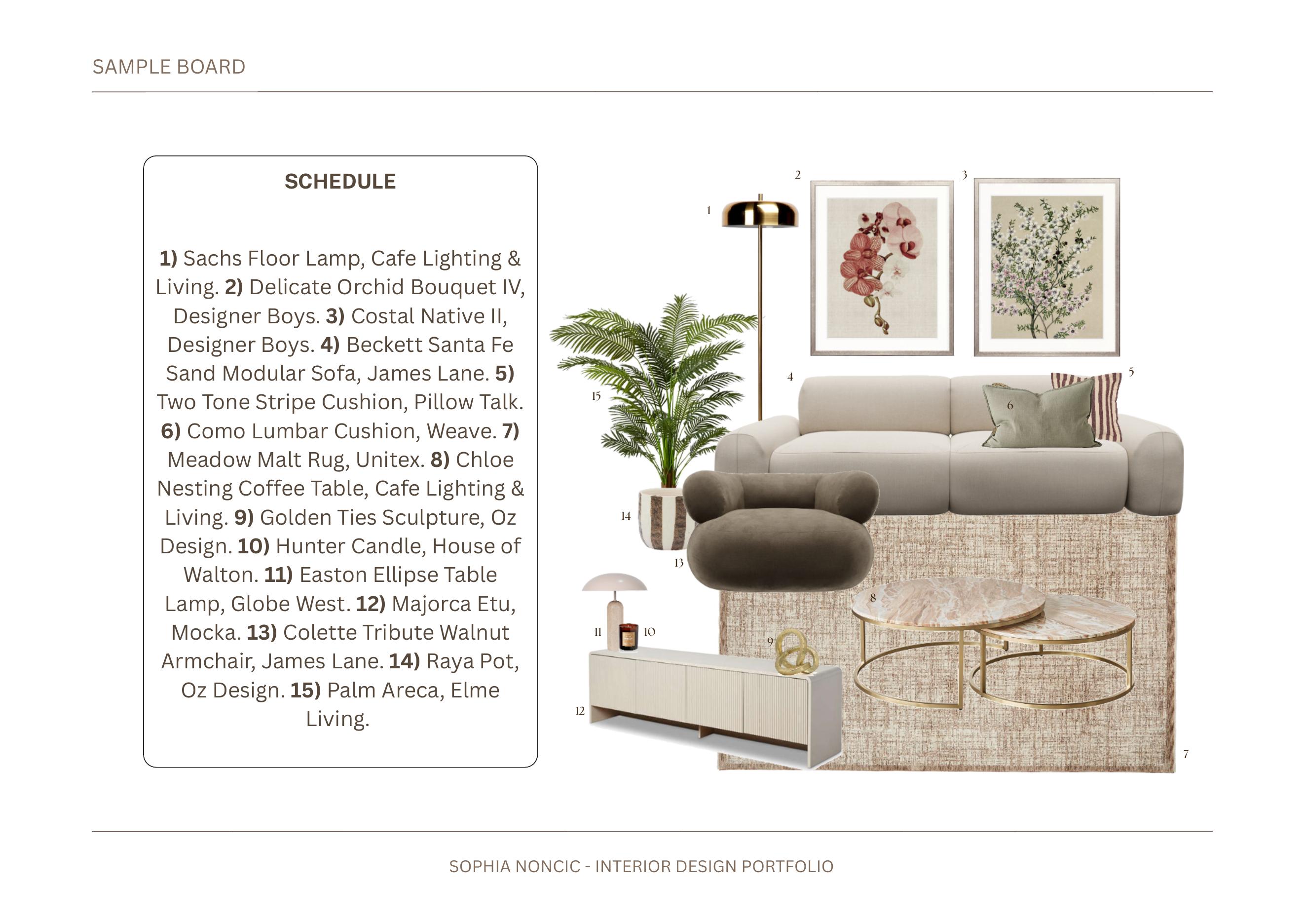 Contemporary living room sample board with numbered furniture, fixtures and equipment schedule